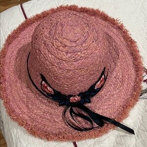 Pink Straw Sun Hat with Floral Embroidery